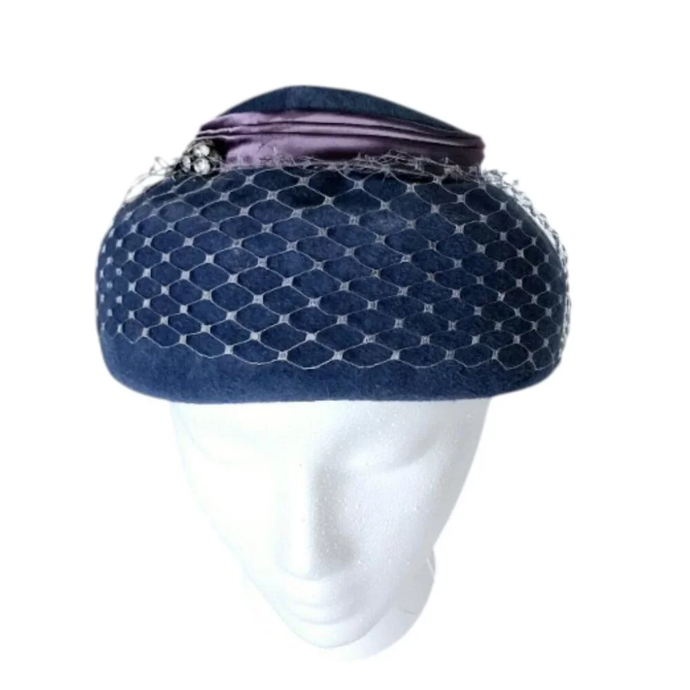 1950s Genuine Velour Imported Fur Blue w/Purple Ribbon Trim Pillbox Hat